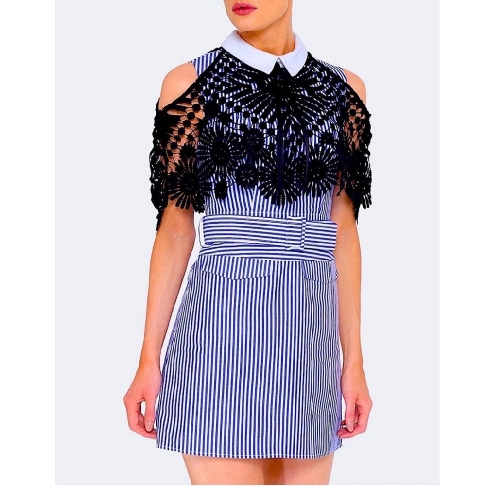 Self-Portrait Blue White Striped Lace Overlay Collared Mini Dress Belted size 0